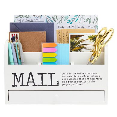3-Tier Wooden Mail Desk Organizer Sorter with Storage Drawer Tray Table Holder