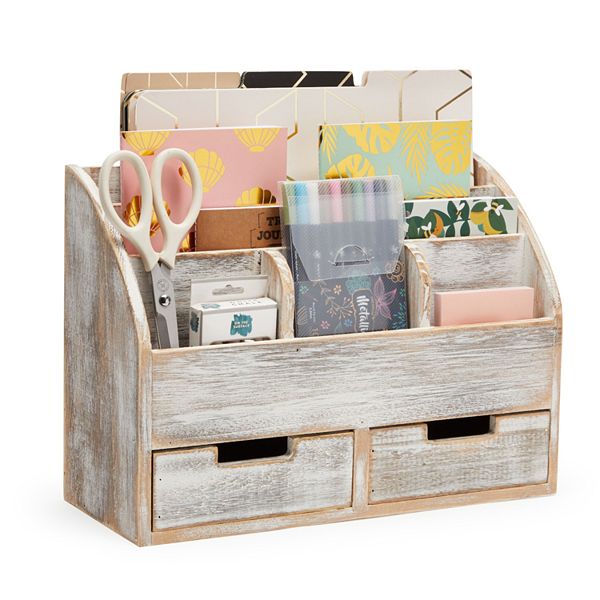 Rustic Wood Desk Organizer with Drawers for Home and Office Supplies