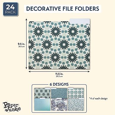 24 Pack Decorative File Folders, 6 Cute Floral Designs with 1/3 Cut Tabs for Home, Office, School, Bulk Pack, Letter Size, Blue, Teal, Green (9.5 x 11.5 In)
