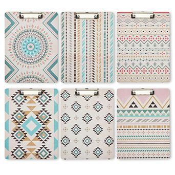 6 Pack Clipboards with Low Profile Clip and Hook, 6 Boho Style Designs, 9x12 In