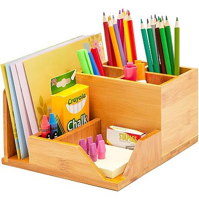 Wooden Desk Accessories, Workspace Organizers with 7 Compartments for Pencils, Pens, Tabletop Storage for Office Supplies (8 x 7.5 In)