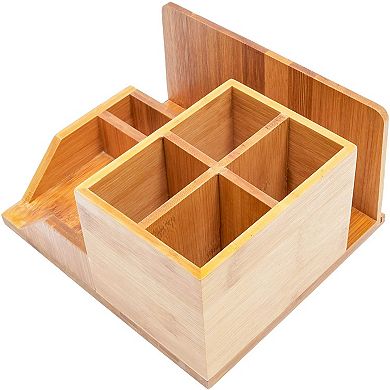 Wooden Desk Accessories, Workspace Organizers with 7 Compartments for Pencils, Pens, Tabletop Storage for Office Supplies (8 x 7.5 In)