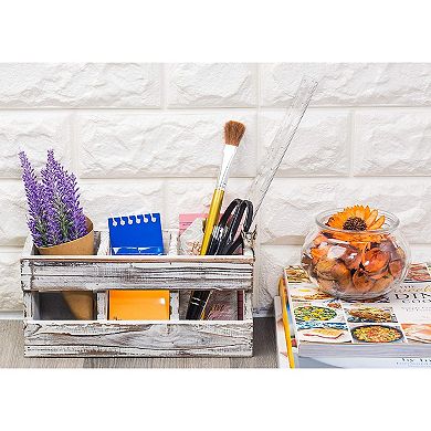 Rustic-style Desk Pencil Holder With 3 Compartments - Wooden Organizer For Pen
