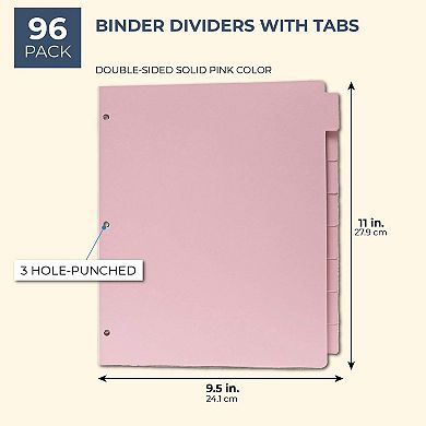 12 Set Pink 8 Tab Dividers For 3 Ring Binder, 96 Total Dividers, Letter Size