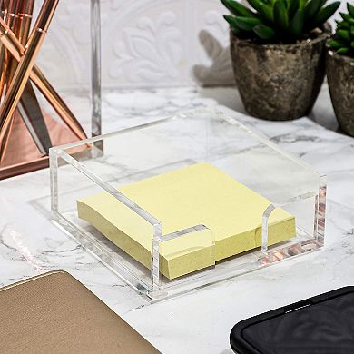 Clear Acrylic Sticky Note Holder for Desk Organization, Office Supplies Organizer, Notepad Dispenser for Dorm Room Accessories (4 x 4 In)