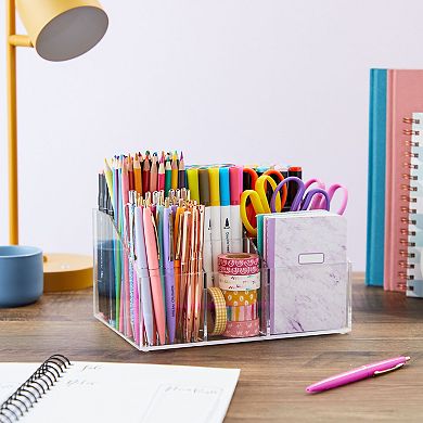 7 Compartment Desktop Organizer, Clear Acrylic Pen Holder (8.7 x 6.5 x 4.52 In)
