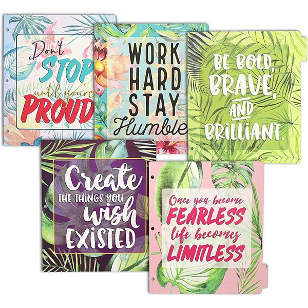 Paper Junkie Binder Dividers with Tabs, 5 Tropical Motivational Designs
