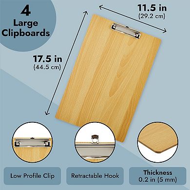 4 Pack Extra Large Clipboards, Wooden Art Board with Low-Profile Clip