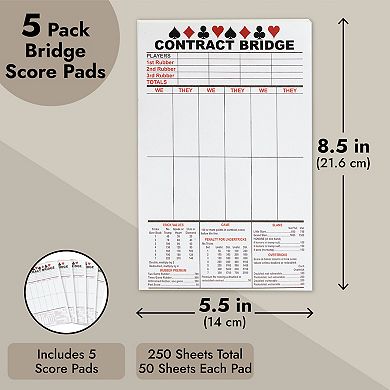 250 Sheets Contract Bridge Score Cards with Trick Values, 5 Notepads, 5.5 x 8.5"