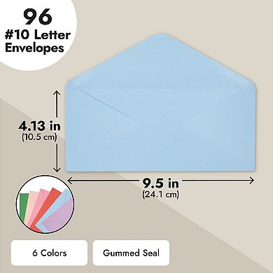 96 Pack #10 Colored Business Envelopes, Gummed Seal, 6 Colors, 4-1/8 X 9-1/2 In