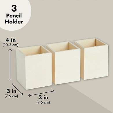 3 Pack Unfinished Wood Pencil Holder Cups For Office - Pen Accessories Organizer