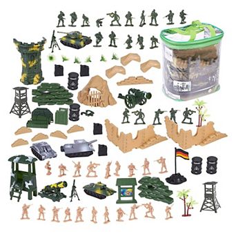 100 pc Toy Army Men for Boys in 2 Colors, War Soldiers Toys Playset with 2 Flags and Battlefield Accessories, Military Figures