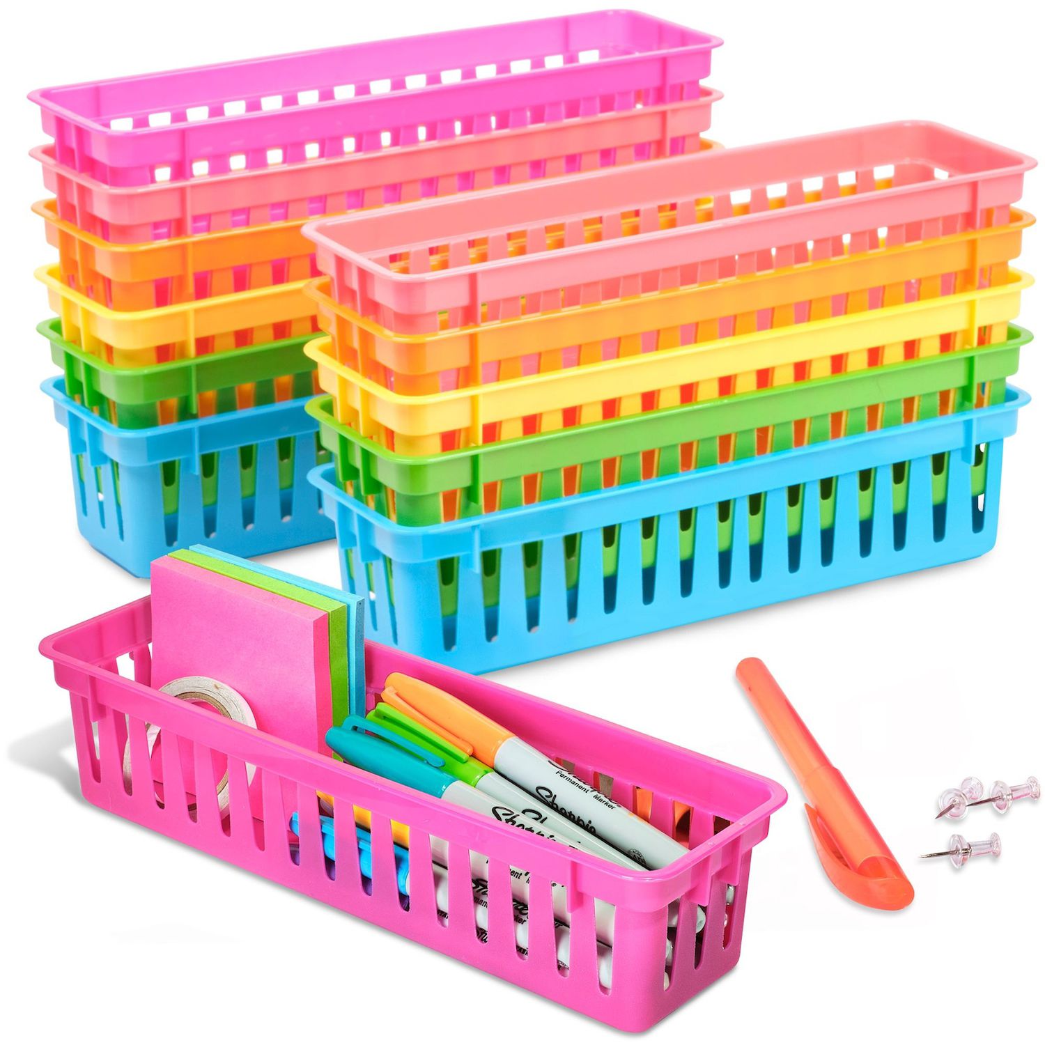 Bright Creations 8 Pack Colorful Storage Bins for Classroom - Small Plastic Baskets for Organizing, Arts, Crafts, Desks, Toys (4 Colors)