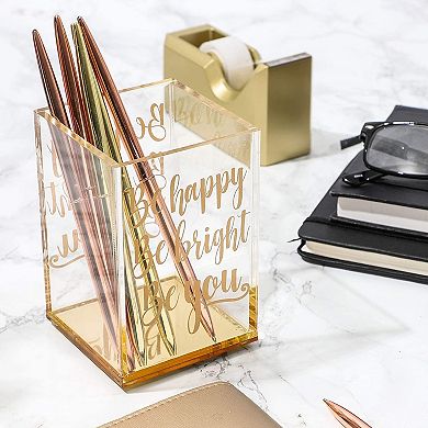 Gold and Clear Acrylic Pen Holder with Inspirational Quotes (2.95 x 4.45 In)