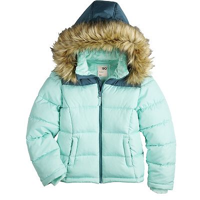 Girls 4 18 SO Faux Fur Trim Hood Puffer Jacket