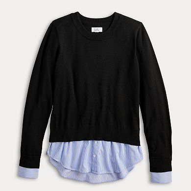 Gray Knit White Blouse Twofer Sweater