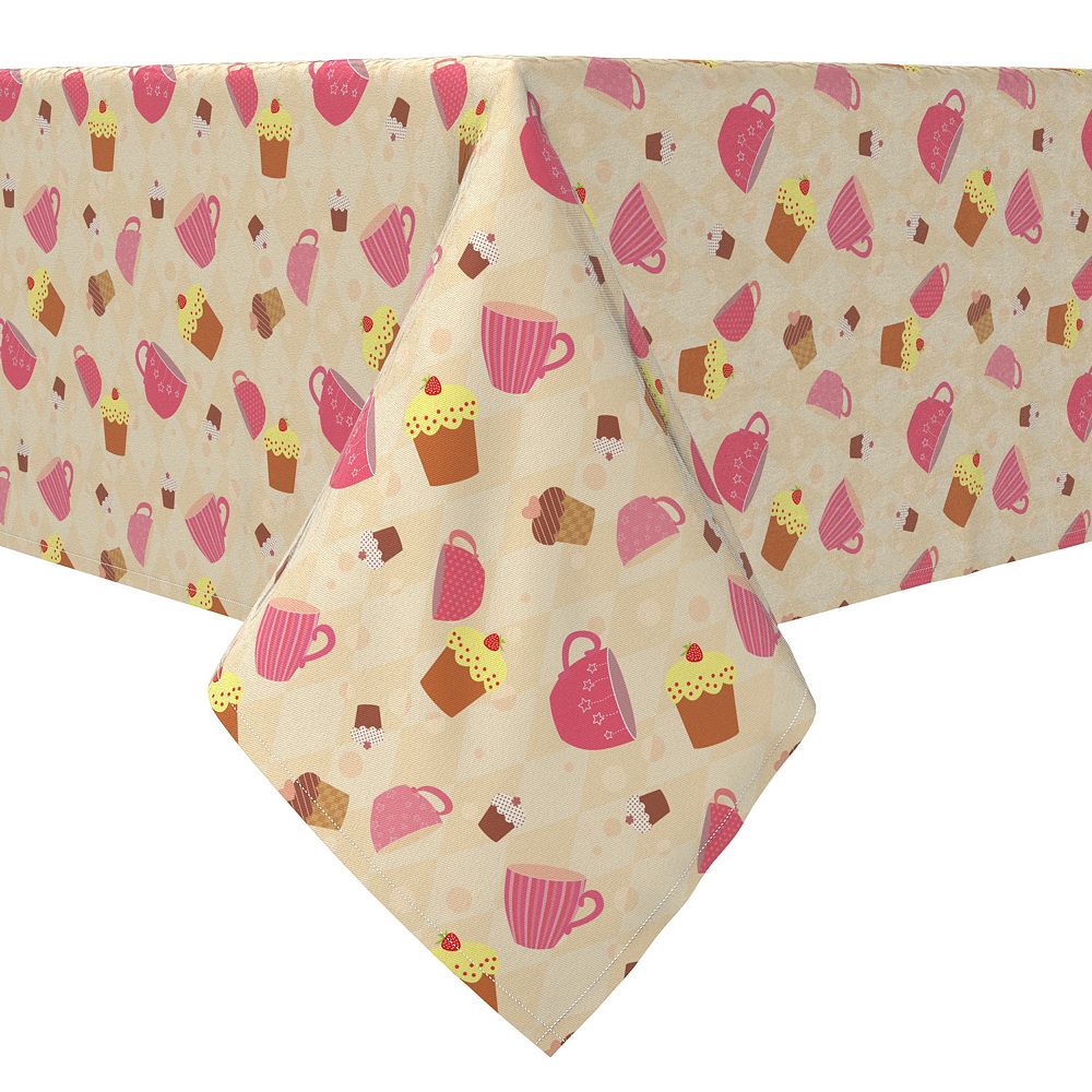 60x120 Rectangular Tablecloth, 100% Cotton, Tea Cups and Cupcakes