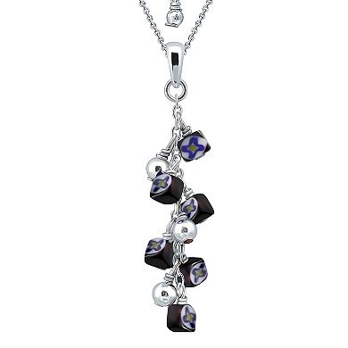 Aleure Precioso Sterling Silver Colored Square Glass Bead Linear Pendant Necklace