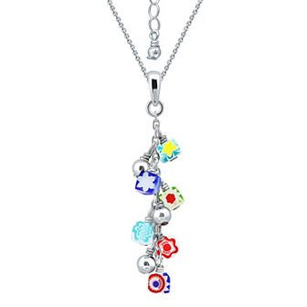 Aleure Precioso Sterling Silver Colored Square Glass Bead Linear Pendant Necklace