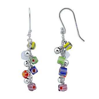 Aleure Precioso Sterling Silver Square Colored Glass Bead Drop Fishhook Earrings