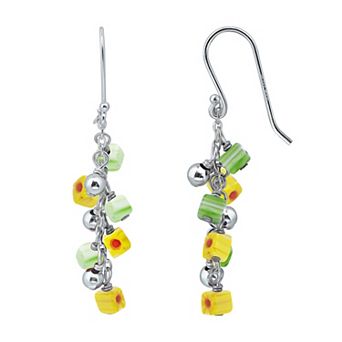 Aleure Precioso Sterling Silver Square Colored Glass Bead Drop Fishhook Earrings