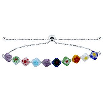 Aleure Precioso Sterling Silver Colored Square Glass Bead Adjustable Bracelet