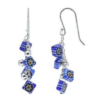 Aleure Precioso Sterling Silver Colored Square Glass Bead Fishhook Drop Earrings