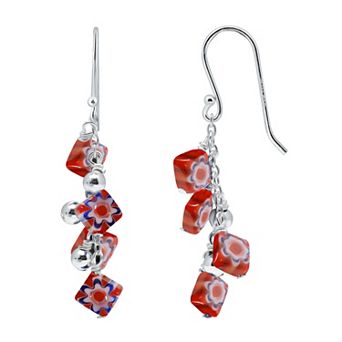 Aleure Precioso Sterling Silver Colored Square Glass Bead Fishhook Drop Earrings