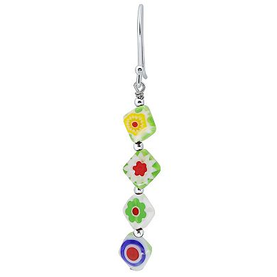 Aleure Precioso Sterling Silver Multi Red Square Glass Linear Drop Fishhook Earrings