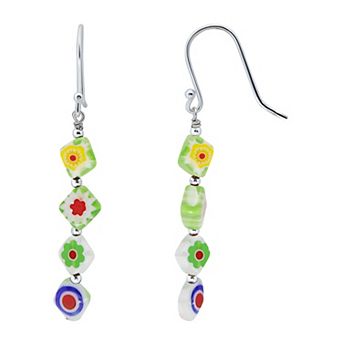 Aleure Precioso Sterling Silver Multi Red Square Glass Linear Drop Fishhook Earrings