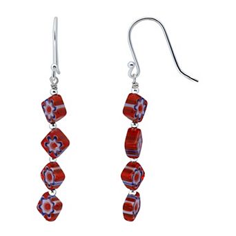 Aleure Precioso Sterling Silver Multi Red Square Glass Linear Drop Fishhook Earrings