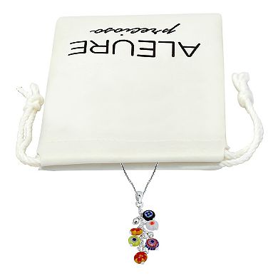 Aleure Precioso Sterling Silver Bead & Multi Blue Round Glass Bead Linear Drop Pendant Necklace