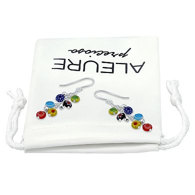Aleure Precioso Sterling Silver Bead & Multi Blue Colored Round Glass Bead Drop Fishhook Earrings