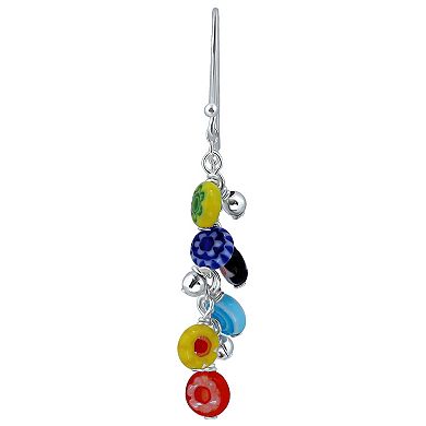Aleure Precioso Sterling Silver Bead & Multi Blue Colored Round Glass Bead Drop Fishhook Earrings