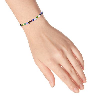 Aleure Precioso Sterling Silver Multi Blue Color Glass Bead Adjustable Bracelet