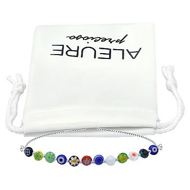 Aleure Precioso Sterling Silver Multi Blue Color Glass Bead Adjustable Bracelet