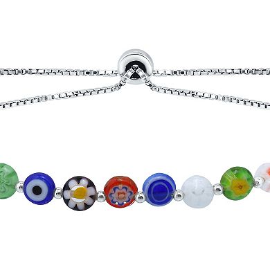 Aleure Precioso Sterling Silver Multi Blue Color Glass Bead Adjustable Bracelet