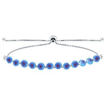 Aleure Precioso Sterling Silver Multi Blue Color Glass Bead Adjustable Bracelet