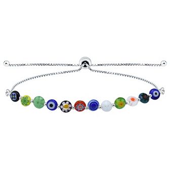 Aleure Precioso Sterling Silver Multi Blue Color Glass Bead Adjustable Bracelet