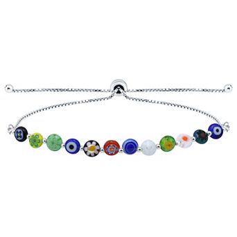 Aleure Precioso Sterling Silver Multi Blue Color Glass Bead Adjustable Bracelet