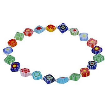 Aleure Precioso Sterling Silver Square Multi Color Glass Bead Stretch Bracelet