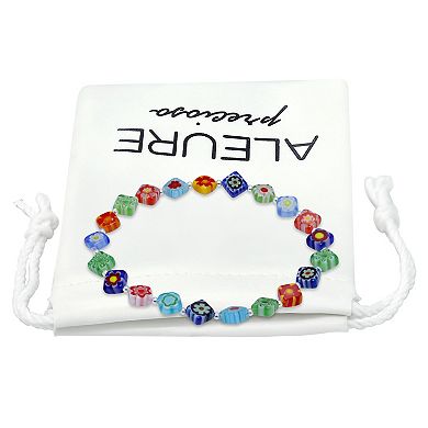 Aleure Precioso Sterling Silver Square Multi Color Glass Bead Stretch Bracelet