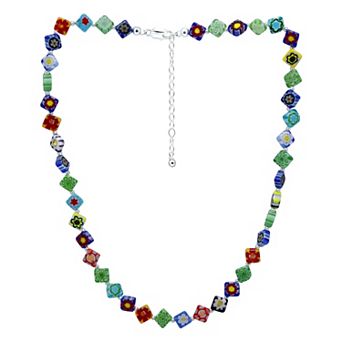 Aleure Precioso Sterling Silver Multi Color Square Glass Bead Necklace