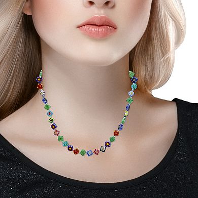 Aleure Precioso Sterling Silver Multi Color Square Glass Bead Necklace