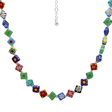 Aleure Precioso Sterling Silver Multi Color Square Glass Bead Necklace