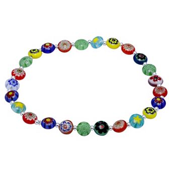 Aleure Precioso Sterling Silver Round Multi Color Glass Bead Strectch Bracelet