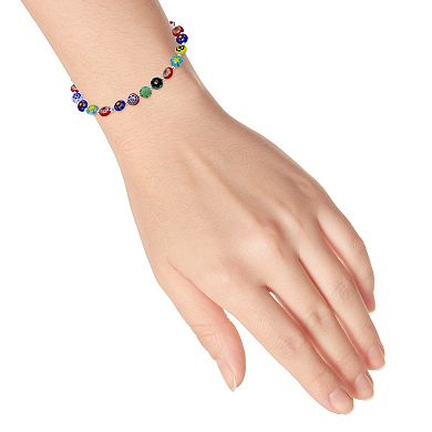 Aleure Precioso Sterling Silver Round Multi Color Glass Bead Strectch Bracelet