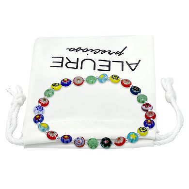 Aleure Precioso Sterling Silver Round Multi Color Glass Bead Strectch Bracelet