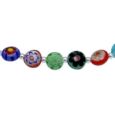 Aleure Precioso Sterling Silver Round Multi Color Glass Bead Strectch Bracelet