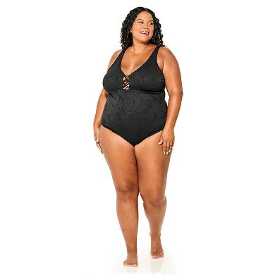 Plus Size Freshwater Deep Plunge Strappy One-Piece Swimsuit